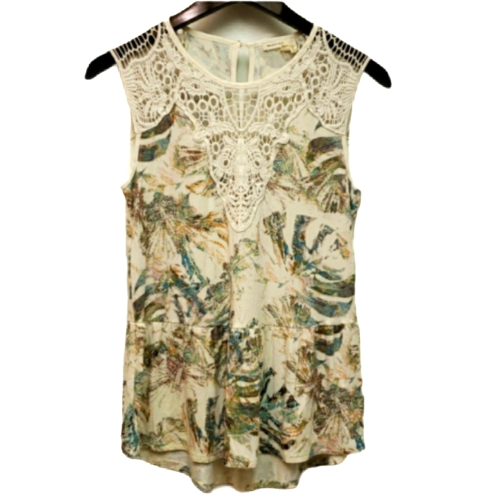 Anthropologie Meadow Rue Crochet Tropical Print Top Cream Size XXSP Petite